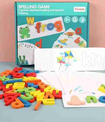 Spelling game with colorful magnetic letters and packaging on a light blue background