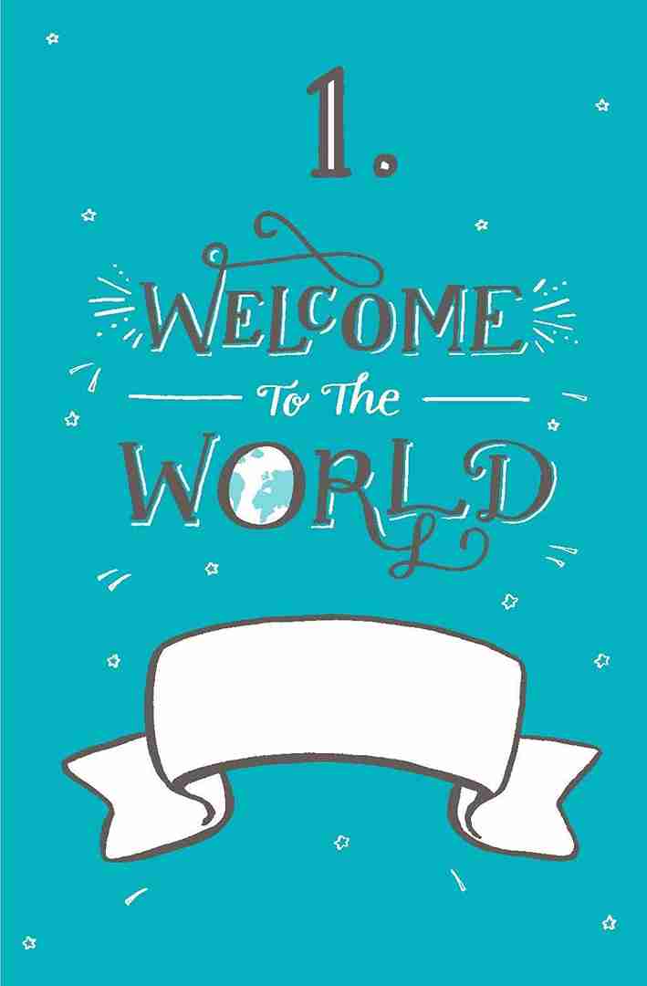 Teal background with 'Welcome to the World' text and decorative elements
