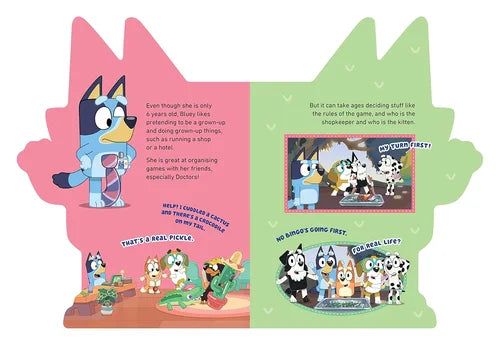 Illustrated book page with cartoon characters on a pink and green background