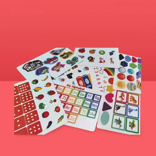 Set of colorful sticker sheets on a red background
