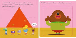 Illustrated book pages with cartoon characters and text about a camping spot.