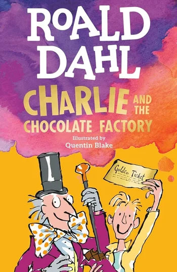 Book cover of 'Charlie and the Chocolate Factory' by Roald Dahl with colorful background and illustrations.