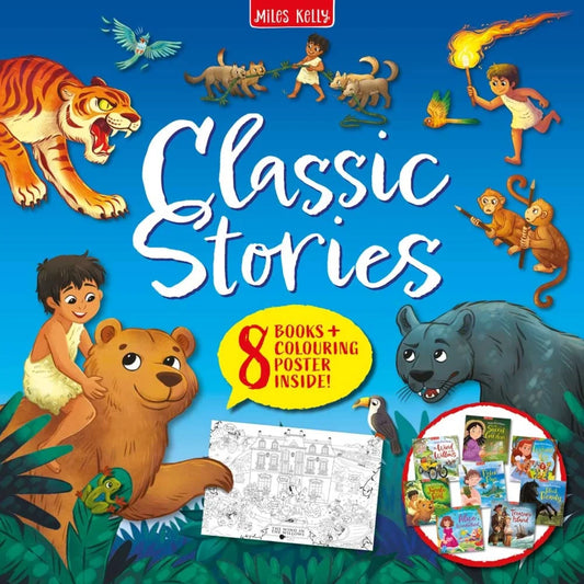 Book cover of 'Classic Stories' with illustrations of animals and children on a blue background