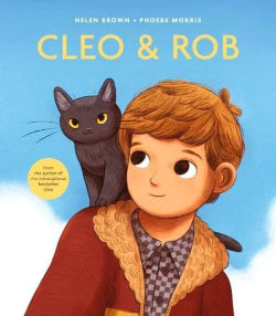 Book cover of 'Cleo & Rob' featuring a boy with a black cat on his shoulder against a blue sky.