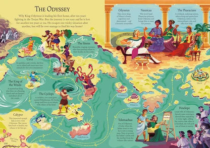 Map of 'The Odyssey' with characters and scenes from the epic poem.