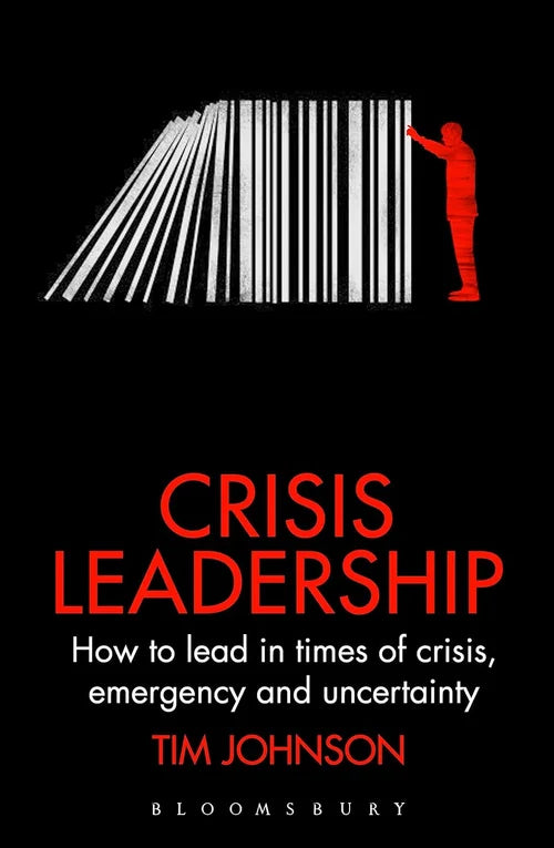 Book cover of 'Crisis Leadership' by Tim Johnson with a large barcode and a person on a black background.