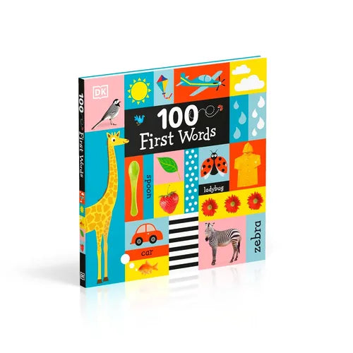 Children's book titled '100 First Words' with colorful illustrations on a white background