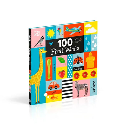 Children's book titled '100 First Words' with colorful illustrations on a white background