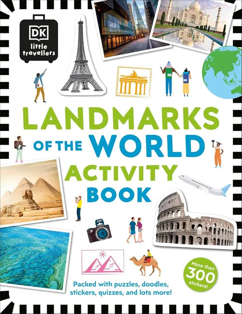 Activity book cover featuring landmarks of the world with colorful illustrations and text.