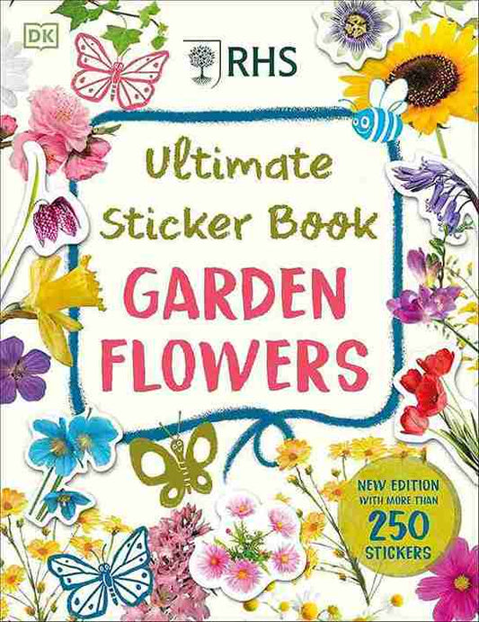 RHS Ultimate Sticker Book for Garden Flowers with colorful flowers and butterflies on the cover.