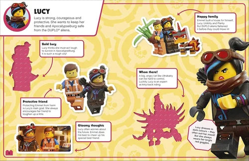 Character profile of Lucy from a LEGO-themed book with illustrations and text.