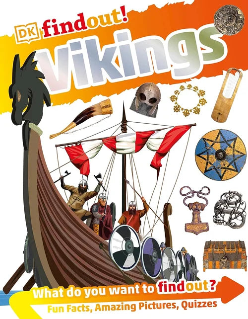Book cover of 'DK findout! Vikings' with Viking ship and related items on an orange background.