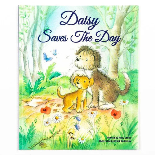 Book cover of 'Daisy Saves The Day' with illustrations of two animals in a forest setting.