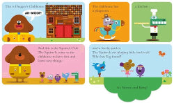 Set of children's book pages with colorful illustrations and text about Duggee's Clubhouse and the Squirrel Club.