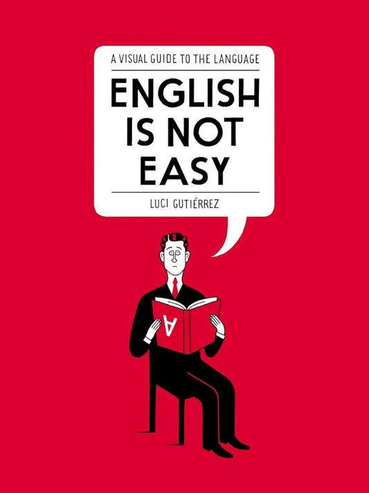 A book cover featuring a cartoon illustration of a person sitting and reading a book with a speech bubble that contains text. The background is red.