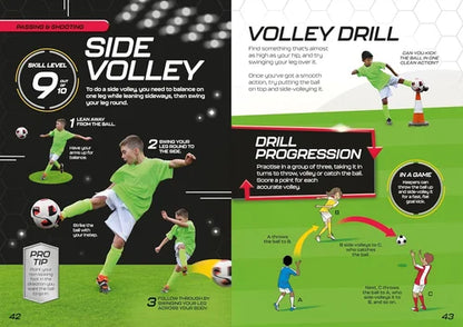 Two pages from a soccer training manual showing side volley and volley drills.