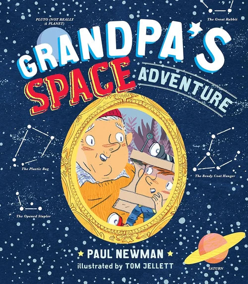 Book cover of 'Grandpa's Space Adventure' with a space-themed background and illustration of a man and child.