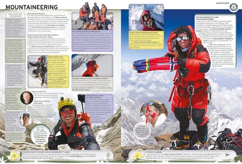 Mountaineering magazine layout with climbers and mountain scenes