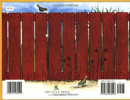Back cover of a book with a red wooden fence and birds illustration, featuring Tricycle Press.