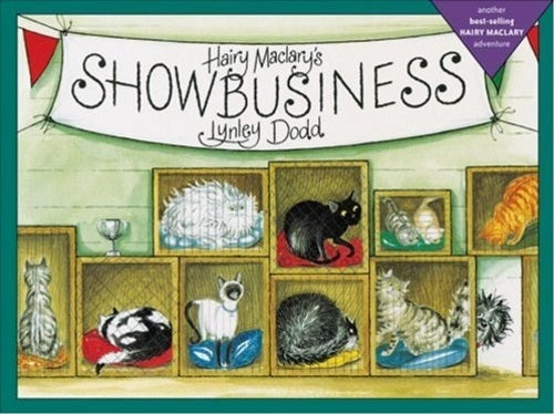 Book cover of 'Hairy Maclary's Showbusiness' by Lynley Dodd featuring animals in boxes under a banner.