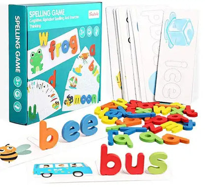 Spelling game with colorful letters and packaging on a white background