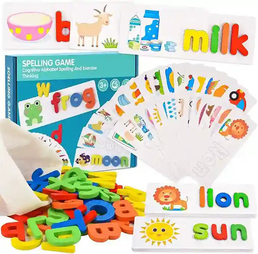 Spelling game with colorful letters, cards, and a box labeled 'Spelling Game'.