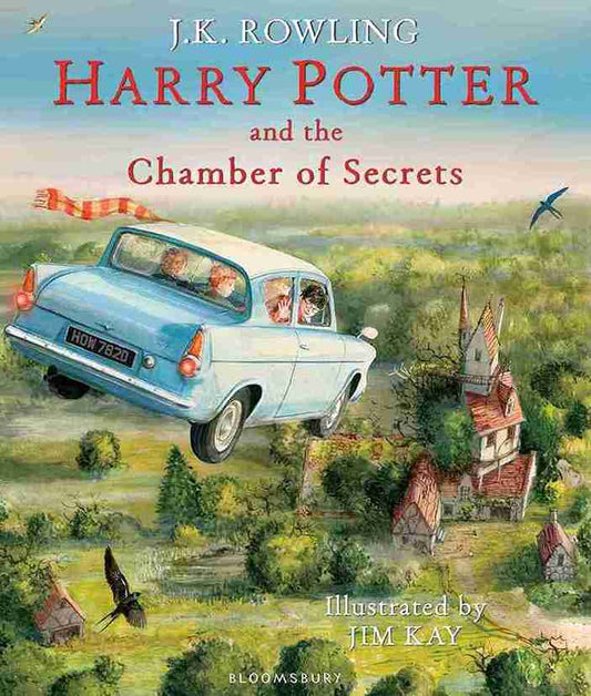 Book cover of 'Harry Potter and the Chamber of Secrets' with a flying car and village scene.