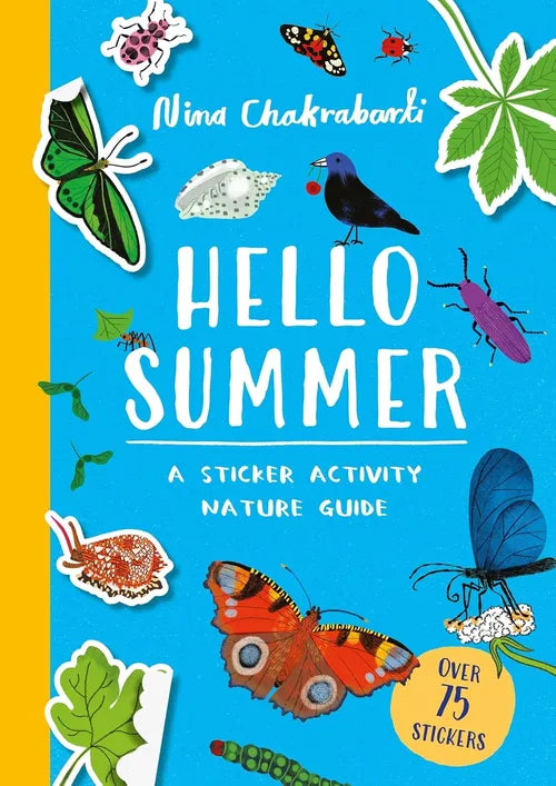 Book cover of 'Hello Summer' with stickers and nature-themed illustrations on a blue and yellow background.