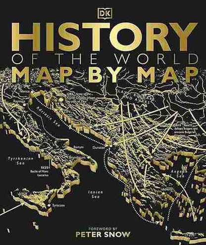 Book cover of 'History of the World Map by Map' with gold text and world map illustration.