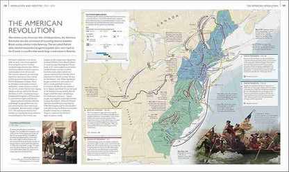 Map and illustrations of the American Revolution in a book or educational material.