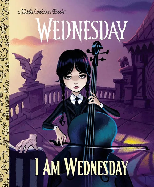 Book cover of 'Wednesday' with a character holding a cello against a purple sky.