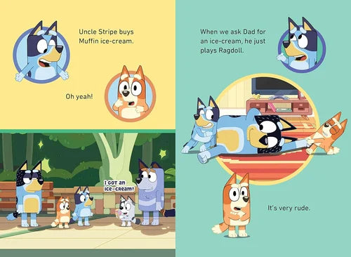 Cartoon characters from 'Bluey' in a comic strip format with text bubbles.