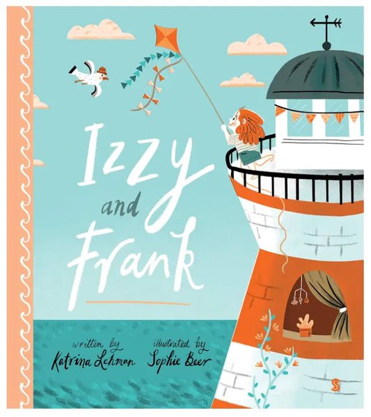 Book cover of 'Izzy and Frank' with a lighthouse illustration and colorful design.