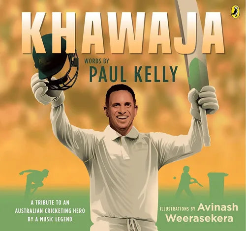 Book cover of 'Khawaja' by Paul Kelly with a cricketer holding a bat and helmet.