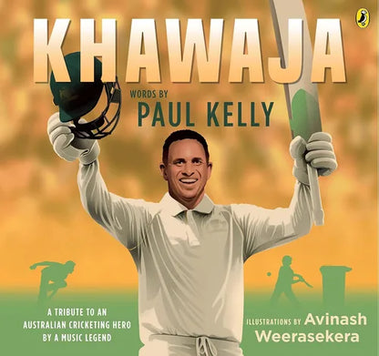 Book cover of 'Khawaja' by Paul Kelly with a cricketer holding a bat and helmet.