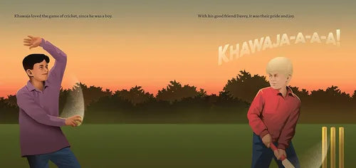 Two children playing cricket on a field with a sunset background