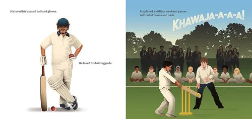 Two cricket-themed posters with players and text on a grassy field.