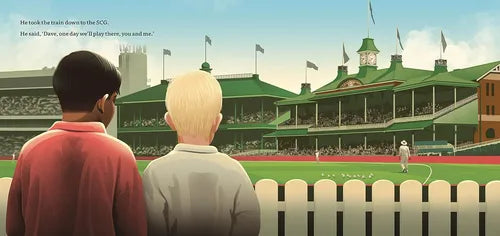 Two men watching a cricket match from behind a fence with a large stadium in the background.