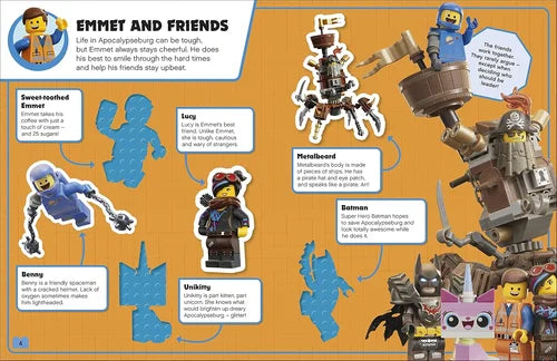 Illustration of LEGO Emmet and friends on an orange background