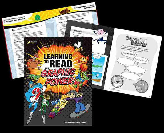 Educational materials on reading with superhero graphics and text.