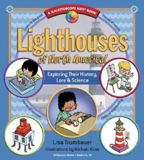 Book cover of 'Lighthouses of North America' with illustrations of children and lighthouses.