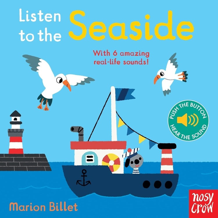 Book cover of 'Listen to the Seaside' with a lighthouse, boat, and birds on a blue background.
