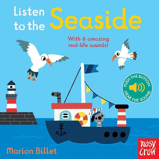 Book cover of 'Listen to the Seaside' with a lighthouse, boat, and birds on a blue background.