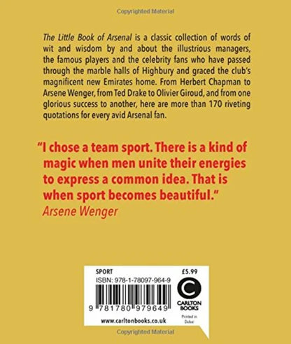 Back cover of a book with text and a quote by Arsene Wenger on a yellow background