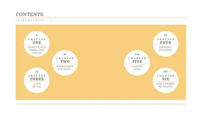 Book table of contents with chapter titles on a yellow background