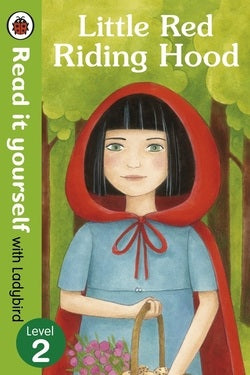 Book cover of 'Little Red Riding Hood' with a character in a red hood and blue dress against a forest background.