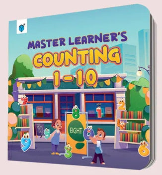 Children's book titled 'Master Learner's Counting 1-10' with a colorful cover on a light pink background.