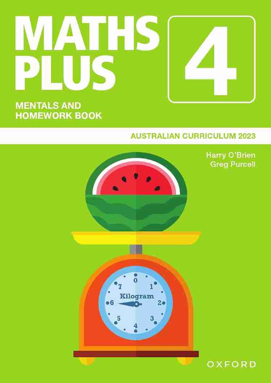 Maths Plus 4 Mentals and Homework Book cover with a watermelon and scale illustration on a green background