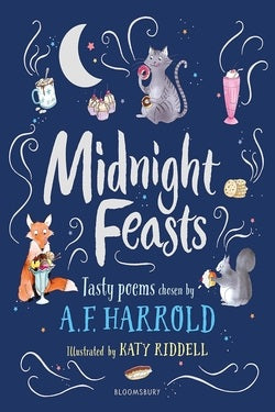 Book cover of 'Midnight Feasts' with illustrations of a fox, cat, and squirrel on a dark blue background.