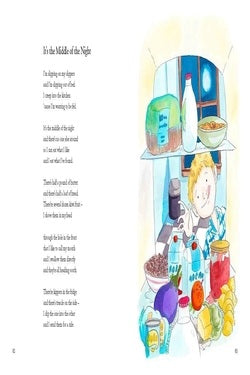 Illustration of a character in a kitchen with various items on a shelf, accompanied by text.